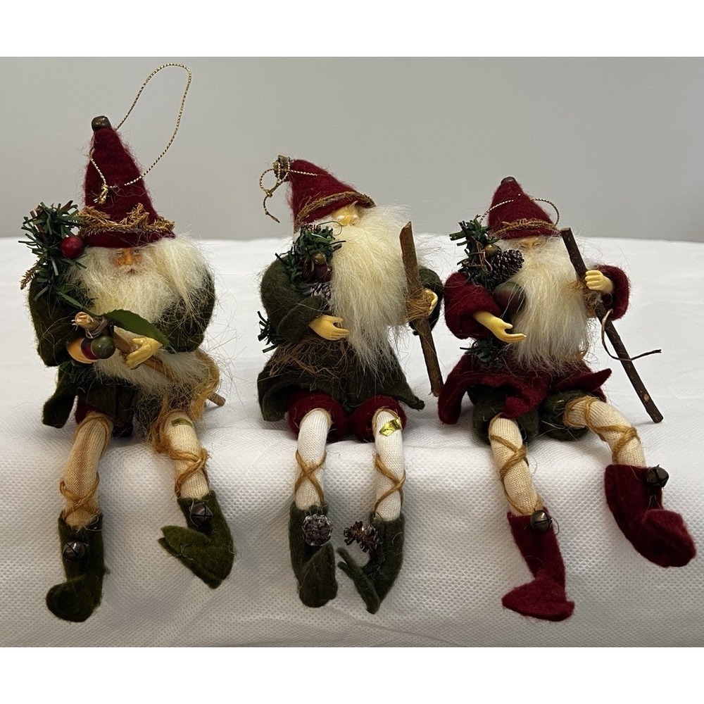 Vtg Woodland Forest Elf Shelf Sitter Ornaments Folk Art Scandinavian Santa